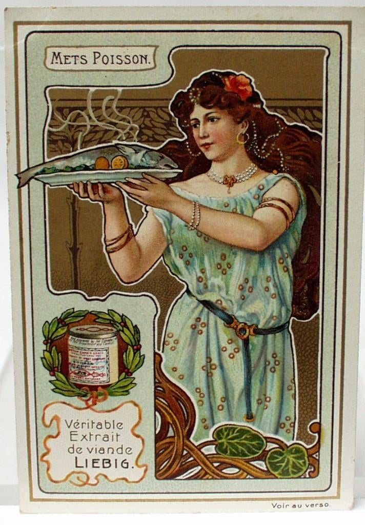 Chromo Liebig Art Nouveau Met Gerechten., Verzamelen, Ophalen of Verzenden, Zo goed als nieuw, Voor 1940, Prent