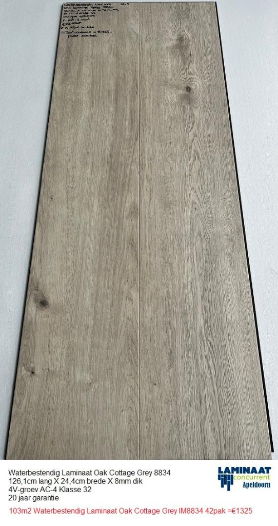 103m2 Waterbestendig Laminaat Oak Cottage Grey 42pak = €1325, 75 m² of meer, Nieuw, Ophalen of Verzenden, Grijs