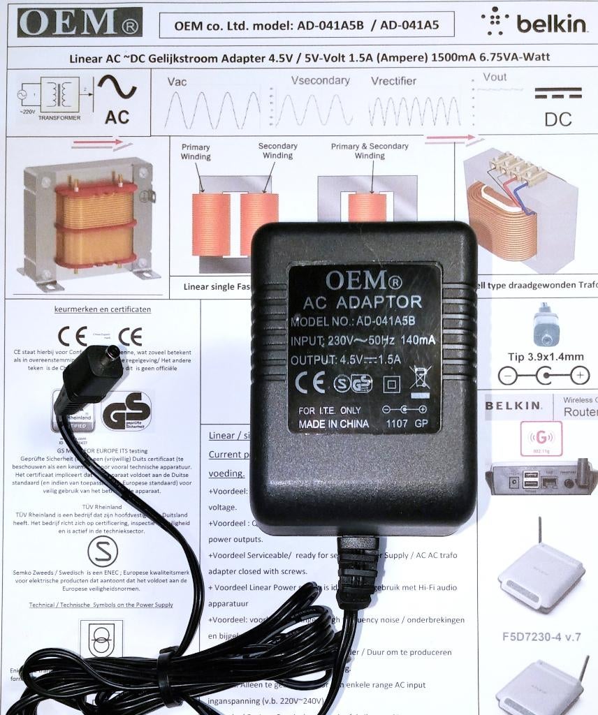 OEM AD-041A5B AC DC Adapter 4.5V 5V 1.5A 7W Oplader F5D7230, Ophalen of Verzenden, Zo goed als nieuw