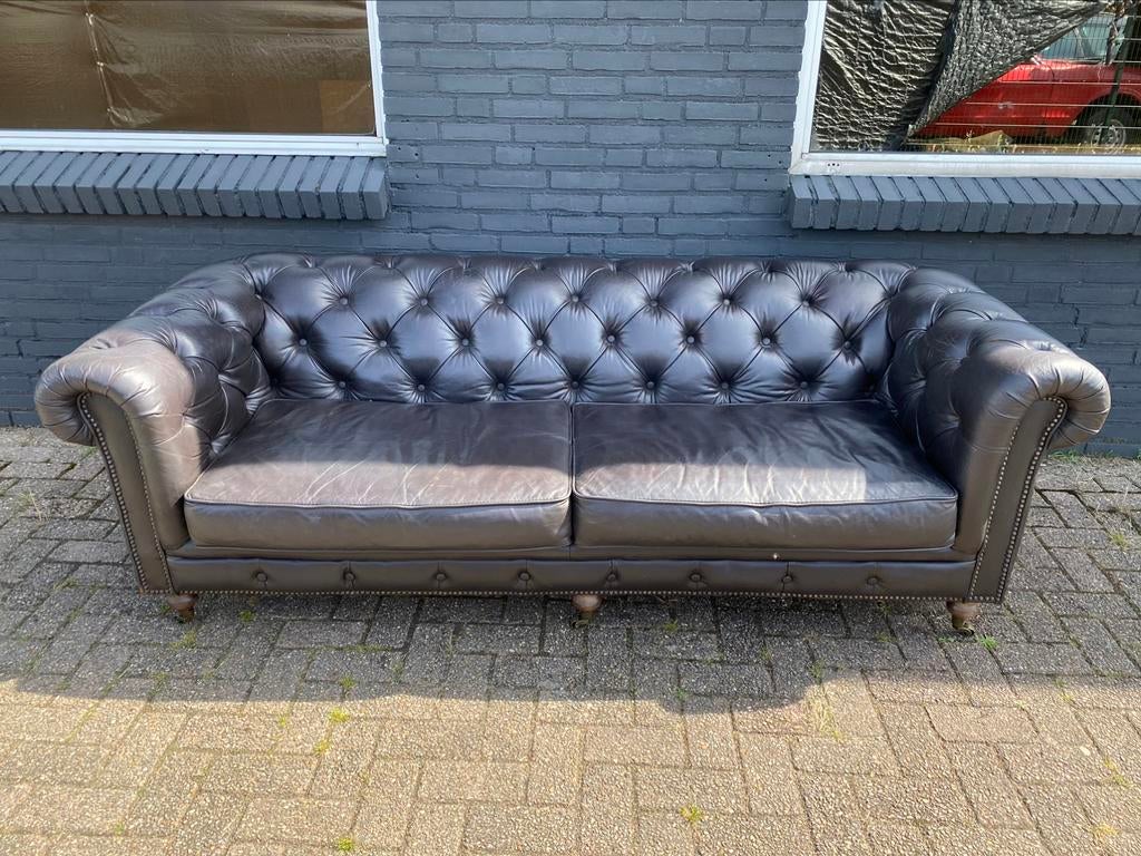 Stoere Chesterfield bank vintage zwart GRATIS BEZORGD!, Ophalen of Verzenden, Gebruikt, 75 tot 100 cm, Leer