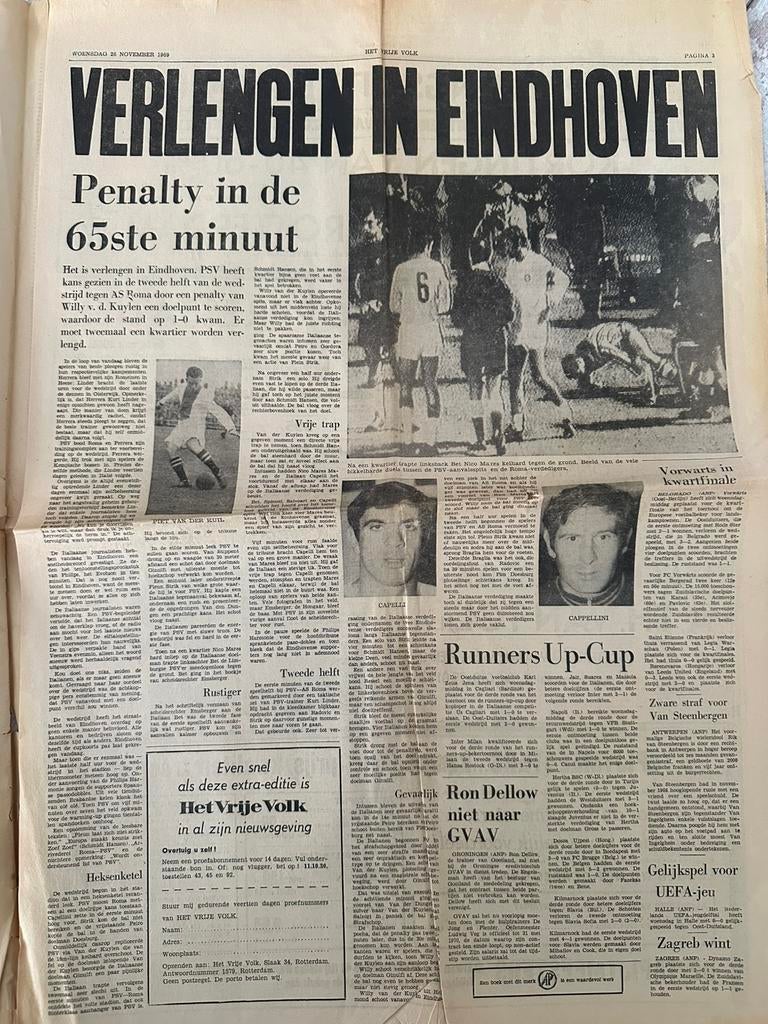 Het Vrije Volk artikel PSV - AS Roma uit 1969!, Ophalen of Verzenden, 1960 tot 1980, Knipsel(s)
