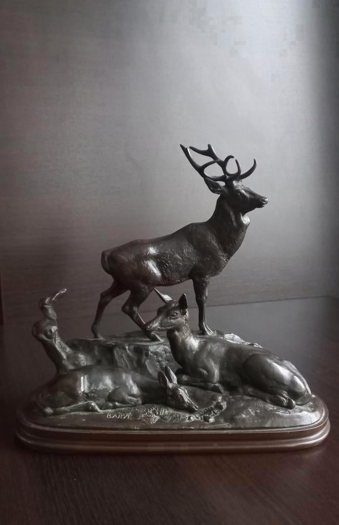 Antiek bronzen beeld Famille de Cerf" by Antoine Barye,Brons, Ophalen of Verzenden, Brons
