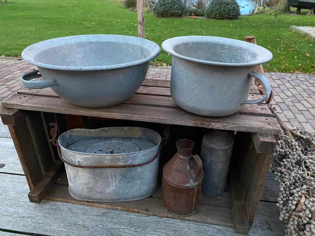 Brocante zinken aasemmer/pispot/ kruik/schaal, Antiek en Kunst, Ophalen of Verzenden