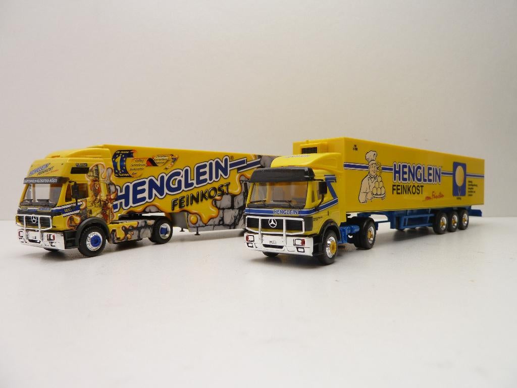 2x Mercedes SK  '' Henglein feinkost ''  Herpa, Ophalen of Verzenden, Zo goed als nieuw, Bus of Vrachtwagen, Herpa