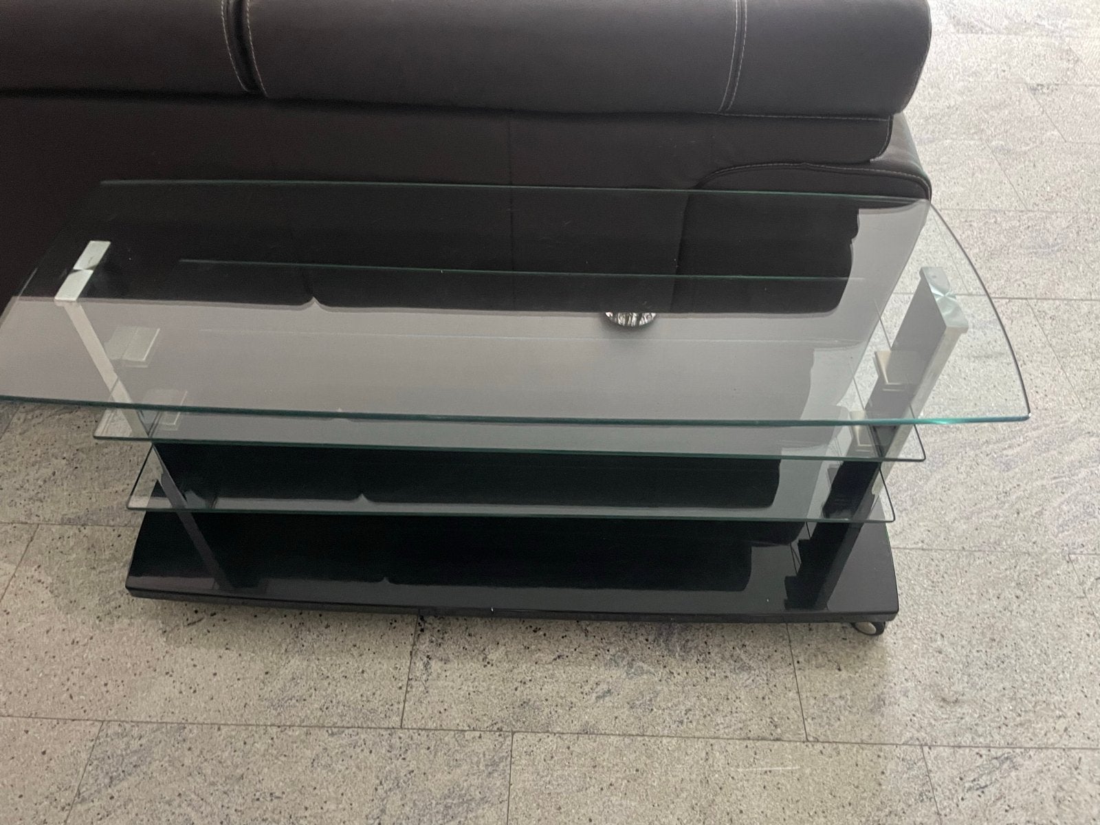 Glazen TV-meubel met 3 lagen en wieltjes, Huis en Inrichting, Ophalen, Gebruikt, 100 tot 150 cm, Glas