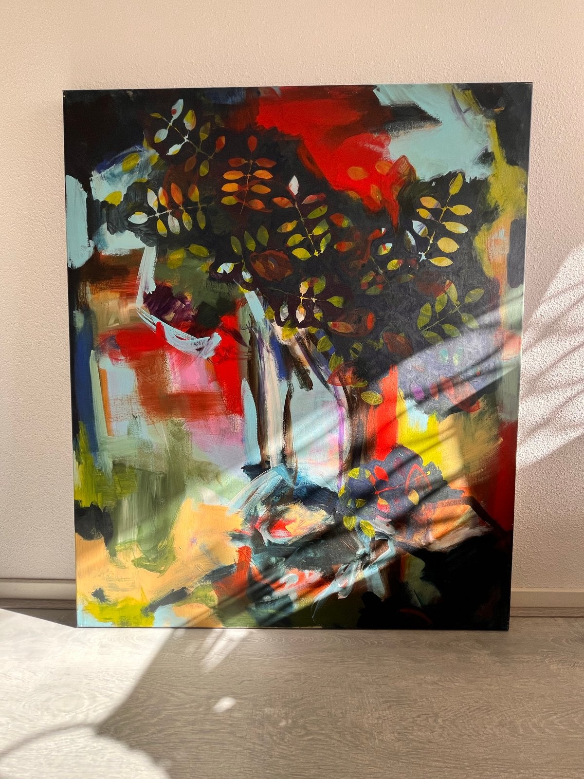 Abstract Schilderij: Levendige Bladeren en Kleuren, Antiek en Kunst, Ophalen