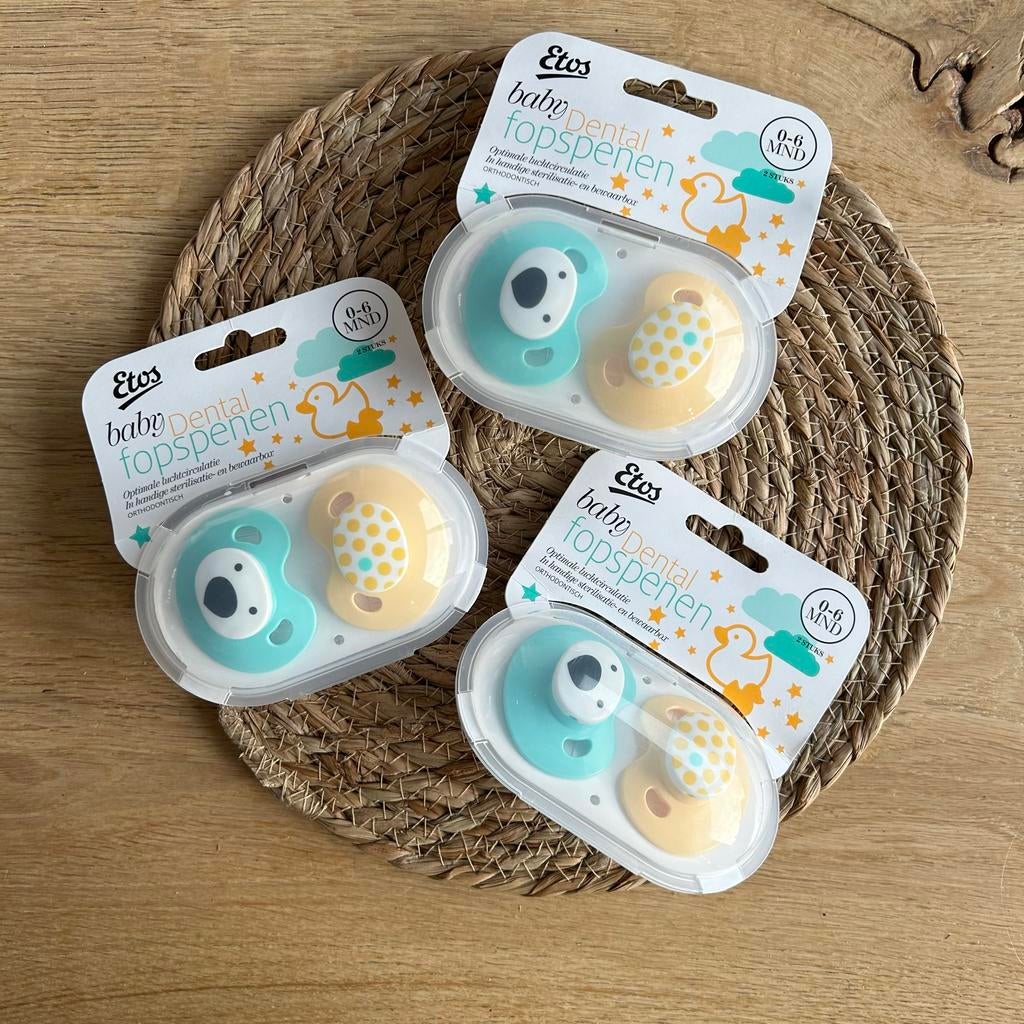 6 nieuwe Etos baby Dental fopspenen 0-6 maanden, Ophalen of Verzenden, Nieuw