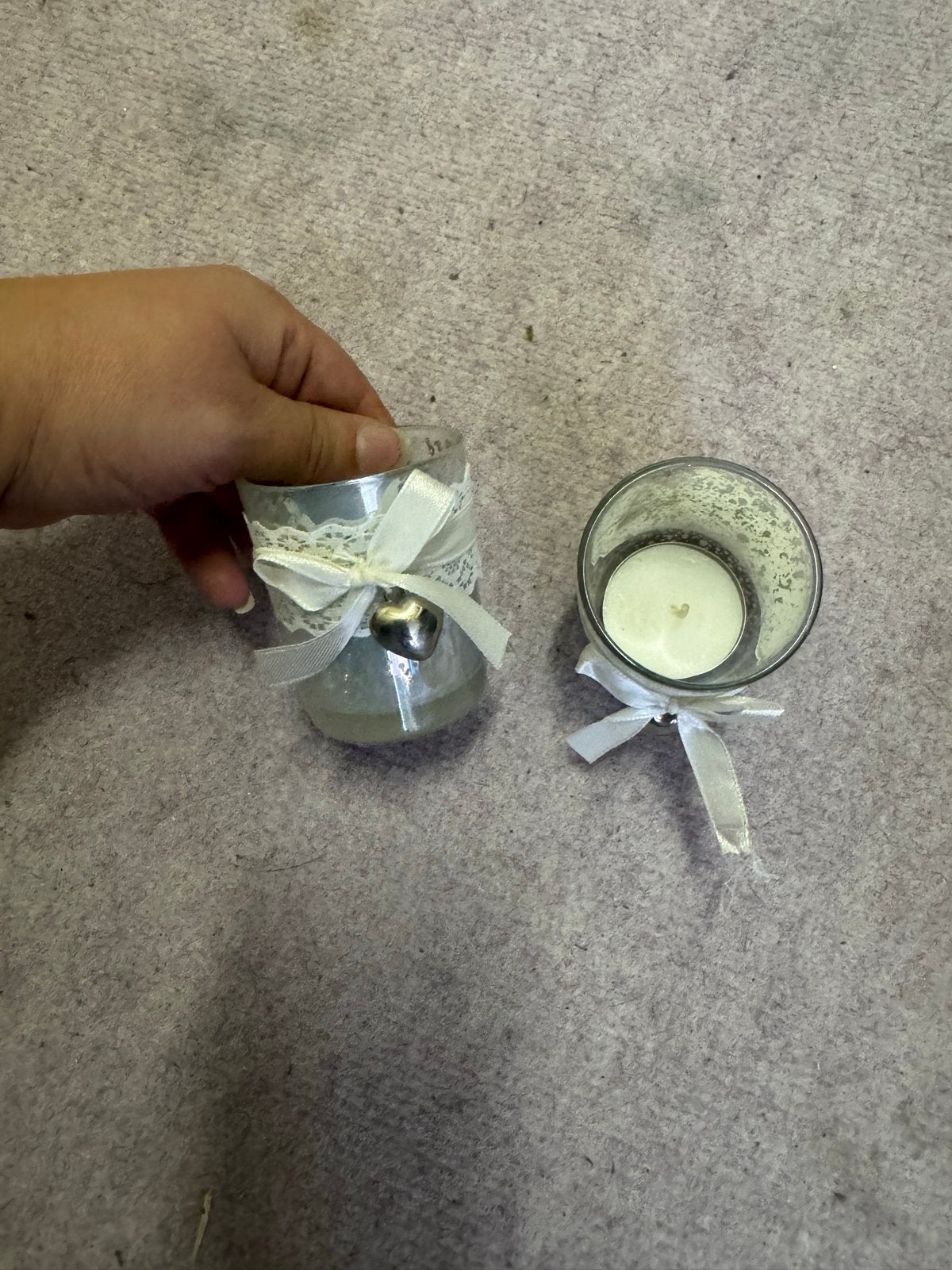 Set van 2 glazen waxinelichthouders met lint, Ophalen, Gebruikt, Waxinelichthouder, Glas