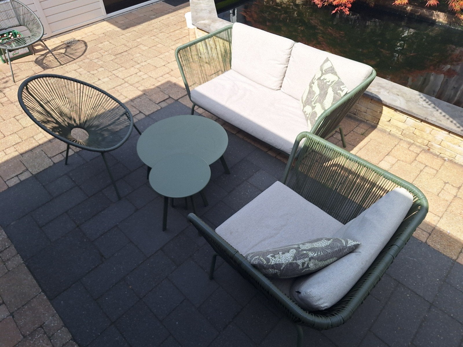 Groene loungeset met 2 bijzettafels, 4 zitplaatsen, Gebruikt, Aluminium, Ophalen of Verzenden