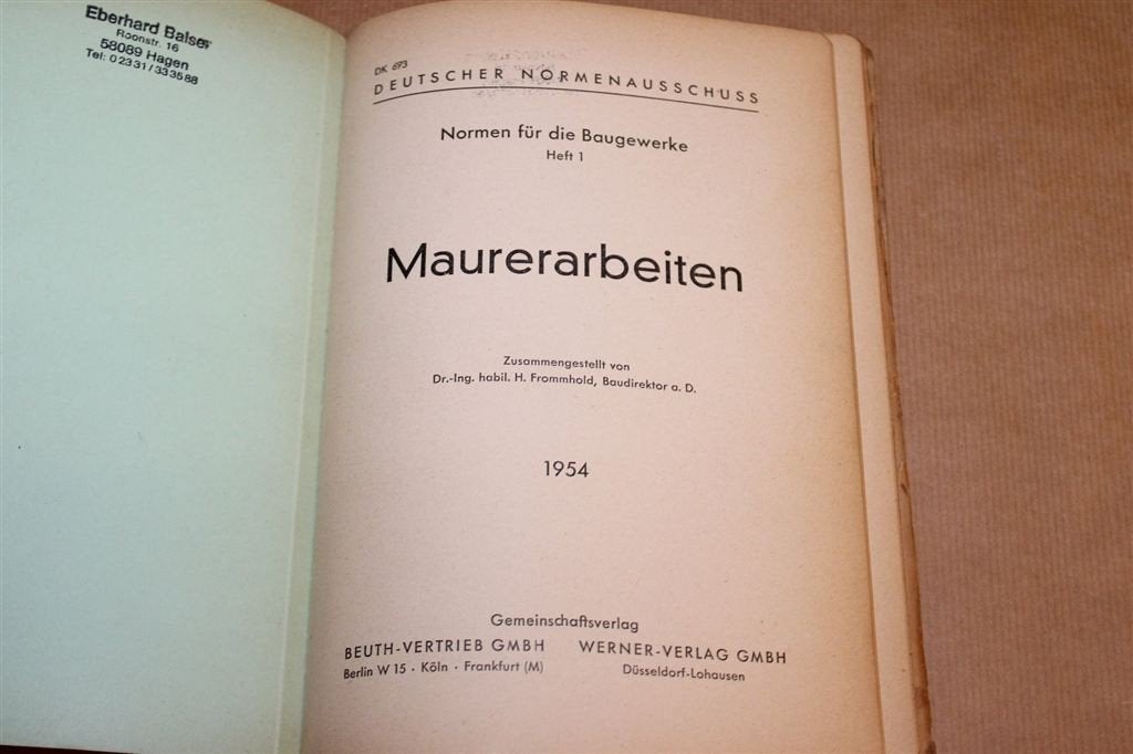 Maurerarbeiten — DIN-Normen voor Metselwerk 1954, Boeken, Ophalen of Verzenden, Gelezen, Bouwkunde