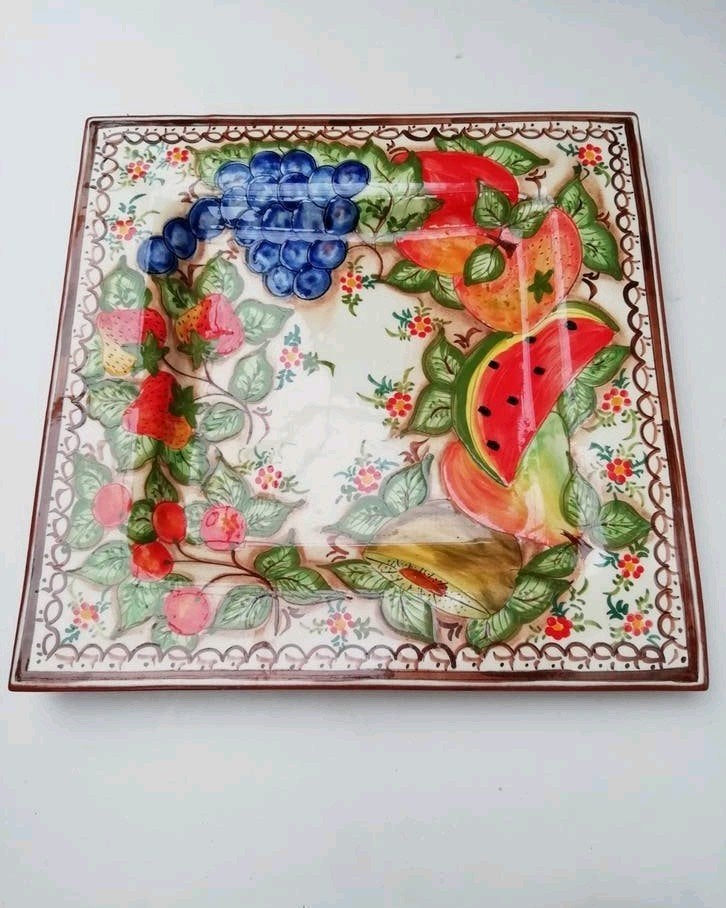 Oude Aardewerk Fruitschaal - Handgeschilderd - 34x34 cm, Ophalen of Verzenden