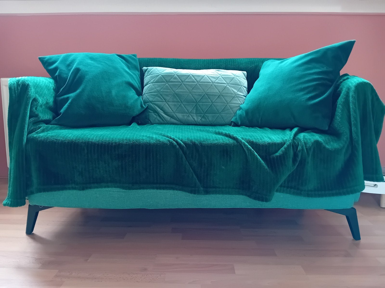 blauw/groen bankje, inlc plaid en kussens, Ophalen, Minder dan 75 cm, Tweepersoons, Zo goed als nieuw