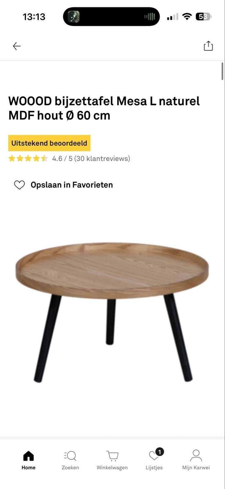 WOOOD bijzettafel Mesa L naturel MDF hout Ø 60 cm, Minder dan 45 cm, Rond, Nieuw, Hout