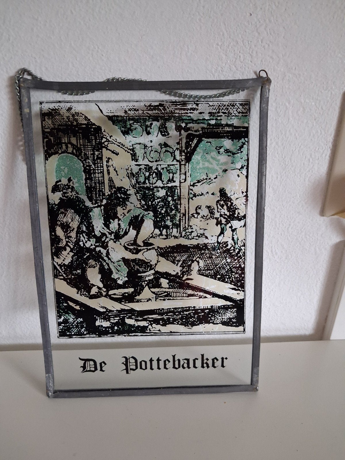 ANTIEK GLAS IN LOOD SCHILDERIJTJE DE POTTEBACKER, Minder dan 50 cm, Ophalen of Verzenden, Zo goed als nieuw, Schilderij