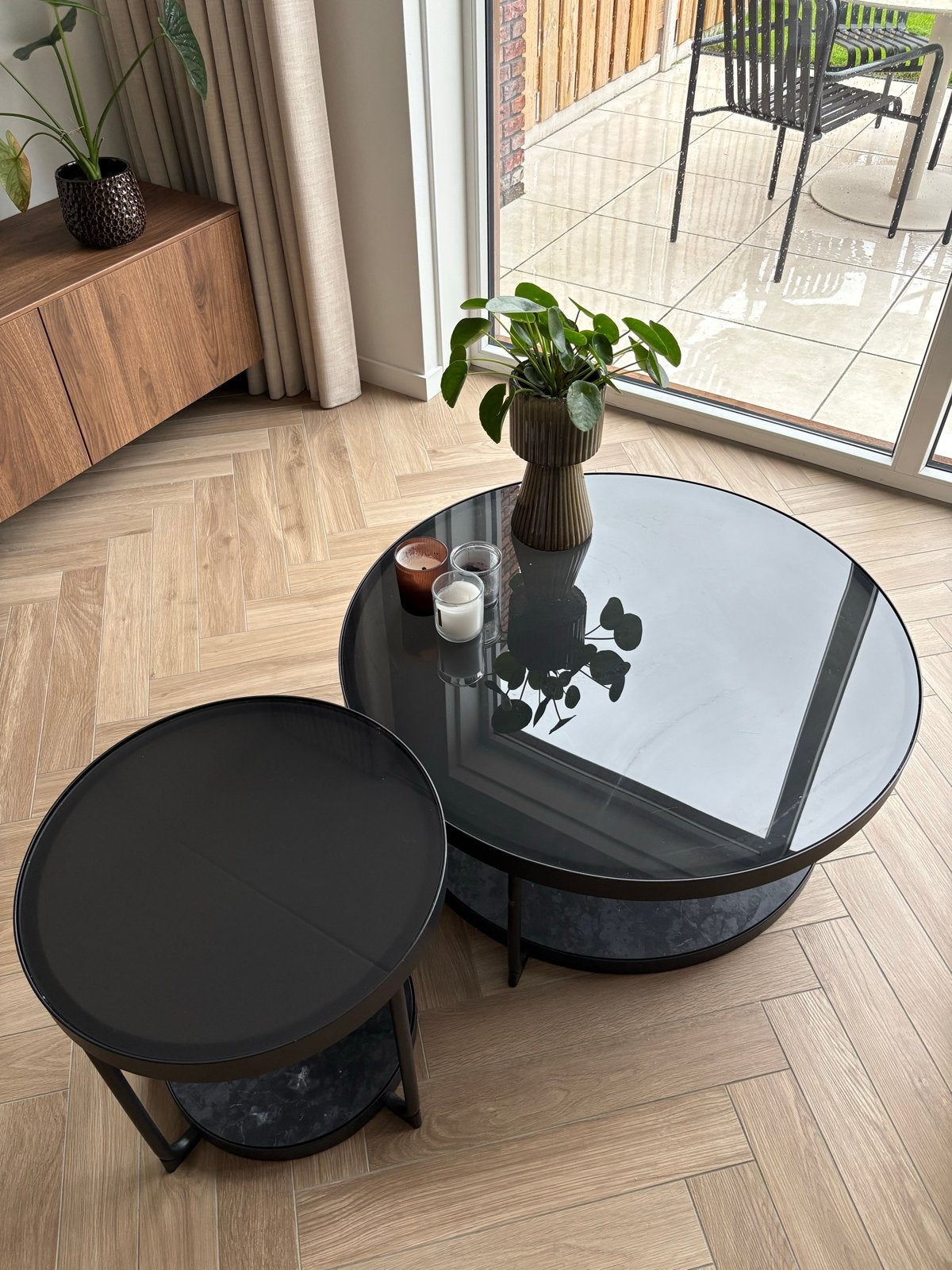 IKEA Frotorp salontafel set - Zwart glas en metaal, Ophalen, Rond, 50 tot 100 cm, 5 – 50