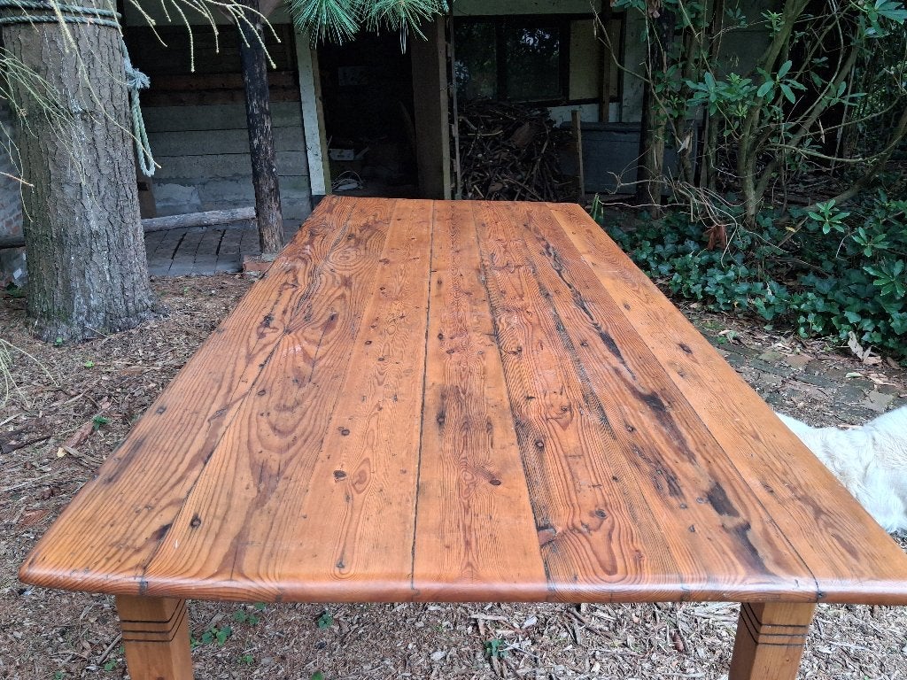 Oude pitchpine klooster/boerentafel, Gebruikt, 215 cm of meer, Overige typen, Hout