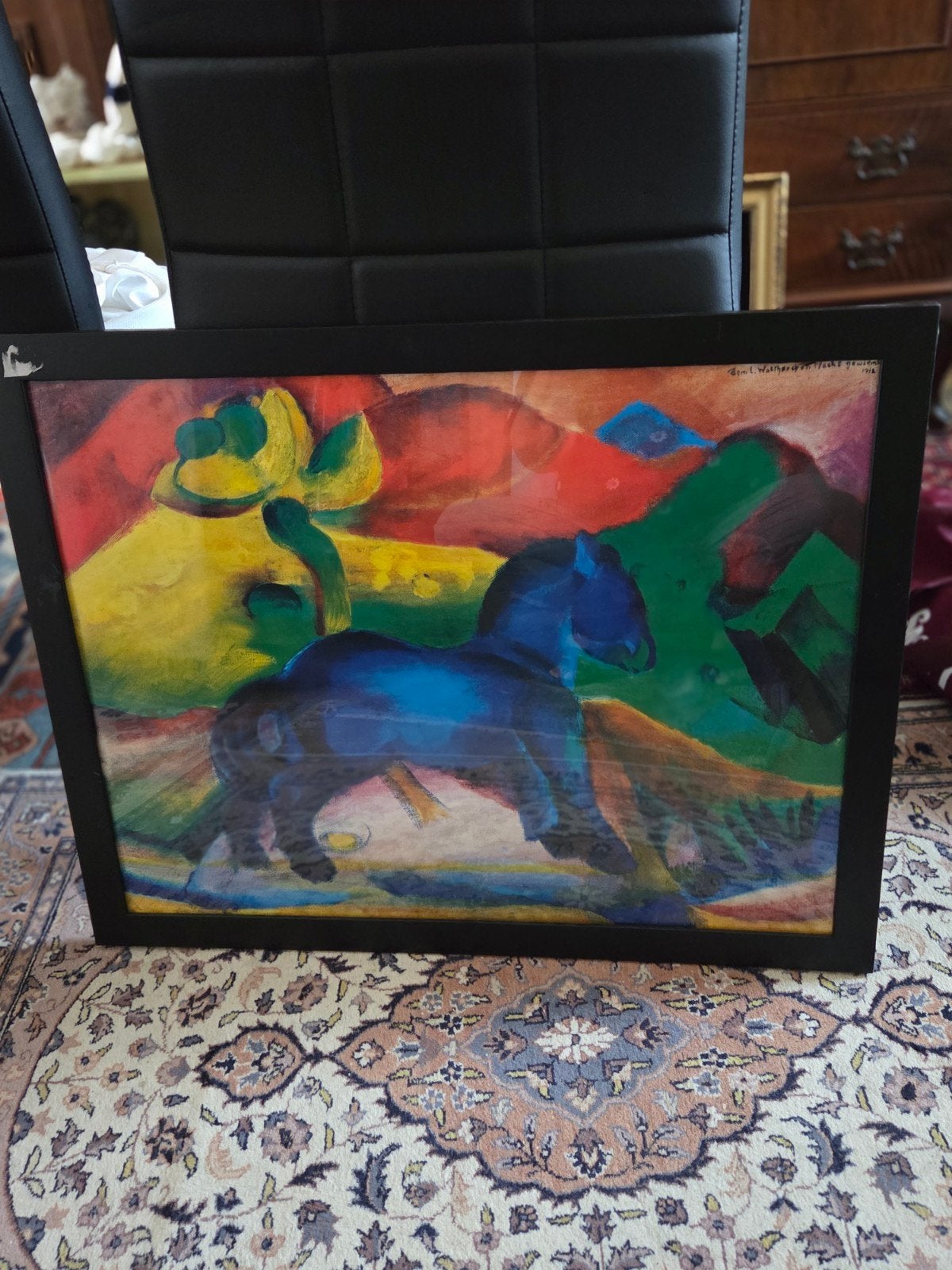 Abstract Schilderij: Blauw Paard in Kleurrijk Landschap, Ophalen of Verzenden