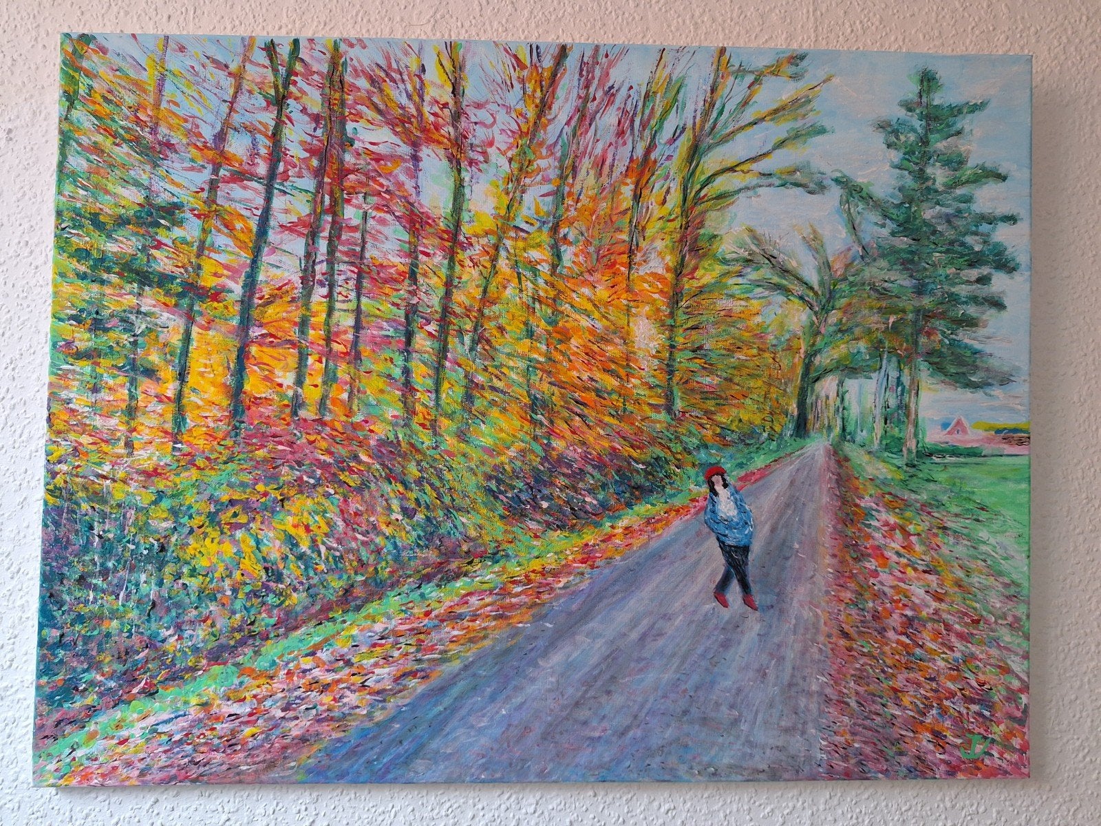 Schilderij: Herfsttafereel met wandelaar, Ophalen of Verzenden