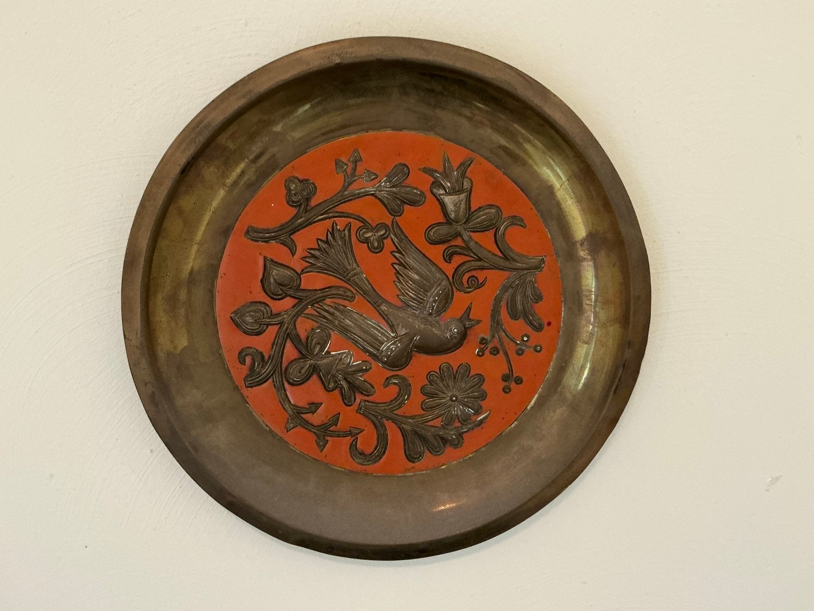 Vintage Bronskleurige Wanddecoratie met Vogelmotief., Ophalen