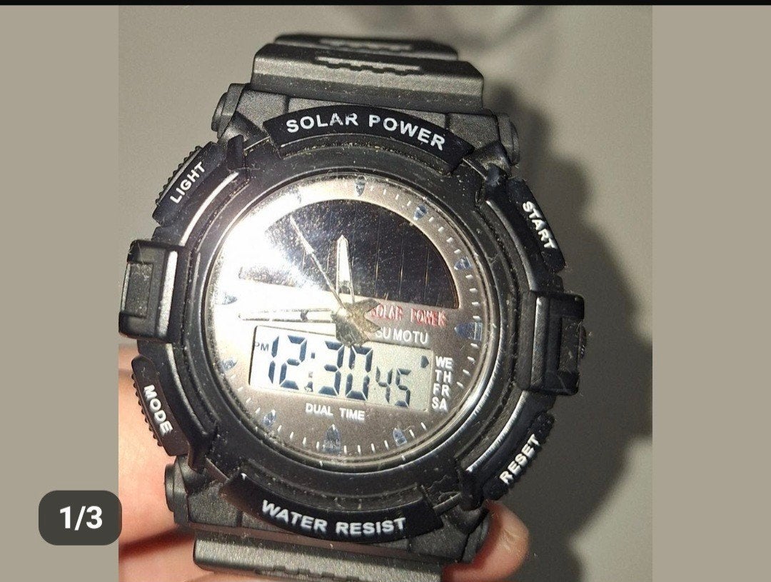 Zwart Solar Chronograaf Horloge - Analoog & Digitaal, Overige merken, Staal, Polshorloge, Kunststof