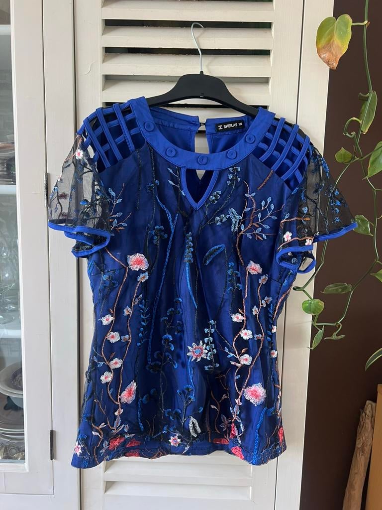 Blauw topje met gaas mouw, Kleding | Dames, Ophalen of Verzenden, Zo goed als nieuw, Blauw, Zonder mouw