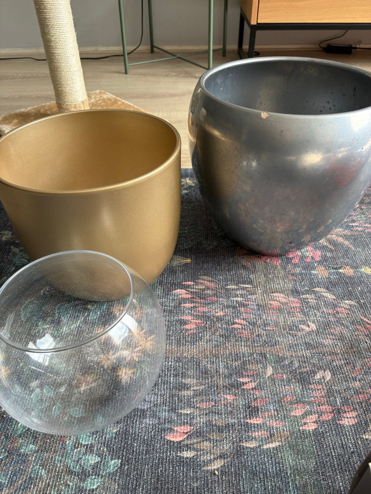 Set van 3 bloempotten: goud, zilver en glas, Gebruikt, Rond, Binnen, Minder dan 40 cm
