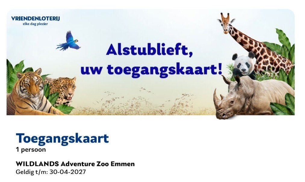 1x Wildlands toegangskaart (geldig tot 04-2027), Tickets en Kaartjes, Eén persoon, Ticket of Toegangskaart