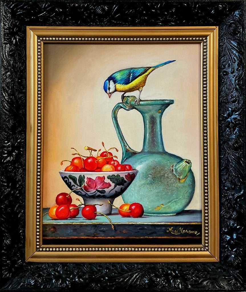 Stilleven met pimpelmees, romeins glas en kersen., Antiek en Kunst, Kunst | Schilderijen | Klassiek, Paneel, Stilleven, Ophalen of Verzenden