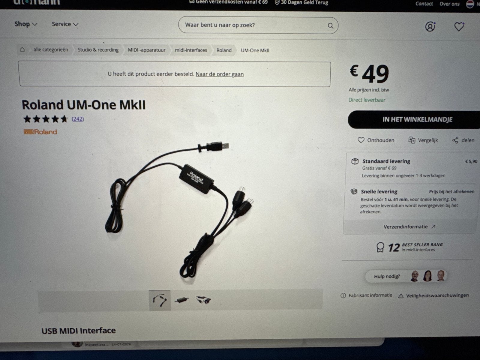 Roland UM-One MK II USB MIDI Interface, Muziek en Instrumenten, Midi-apparatuur, Verzenden, Zo goed als nieuw