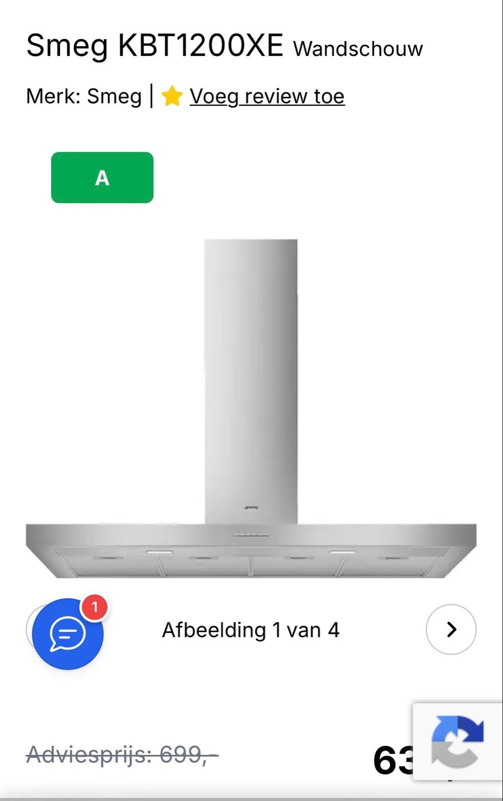 Smeg KBT1200XE Wandschouw Afzuigkap - RVS, Ophalen, Wandschouwkap, Zo goed als nieuw, 400 tot 600 m³ per uur