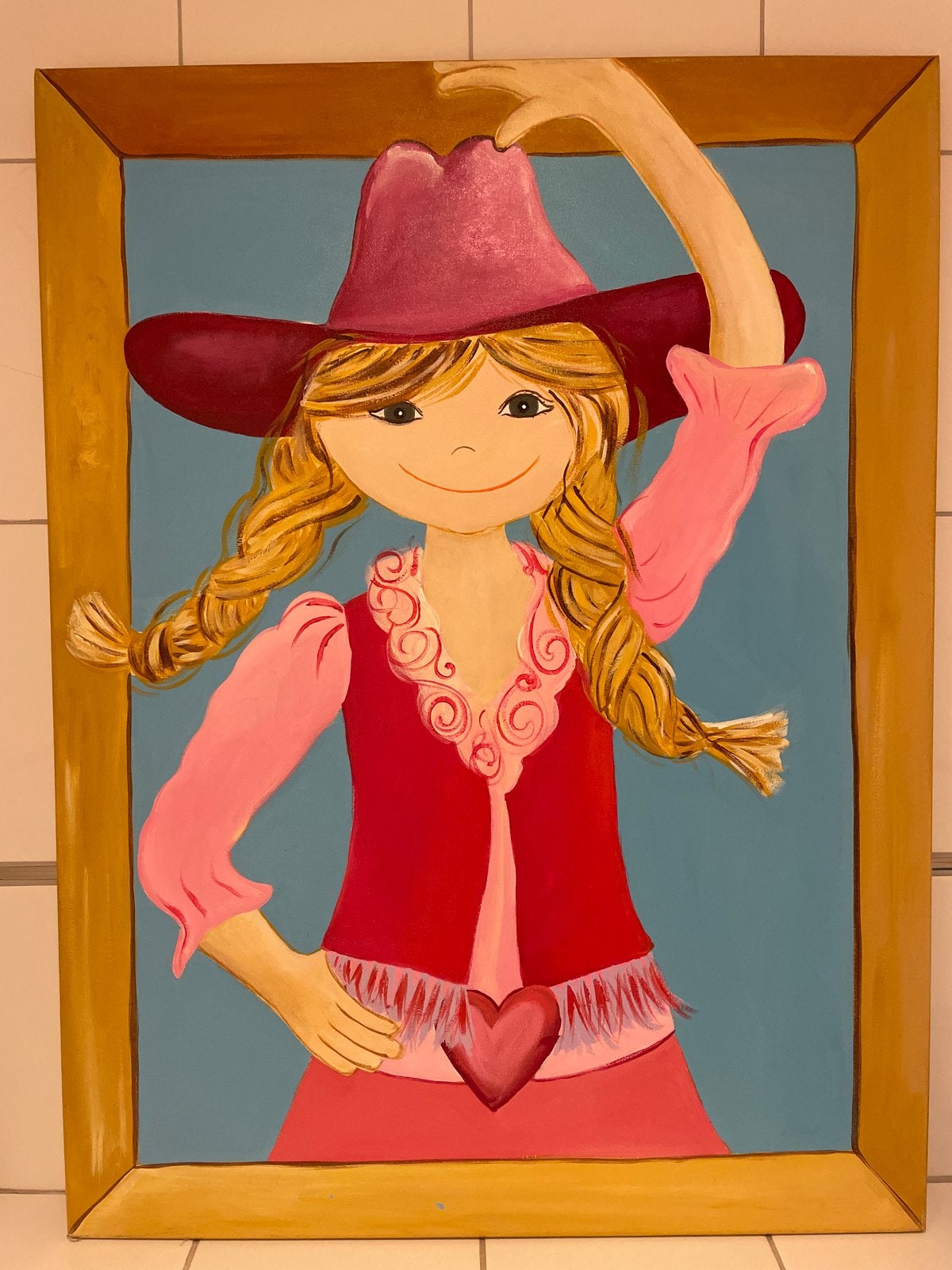 Schilderij meisje met hoed 60x80 cm, Figuren, Handgeschilderd, Ophalen of Verzenden, Olieverf