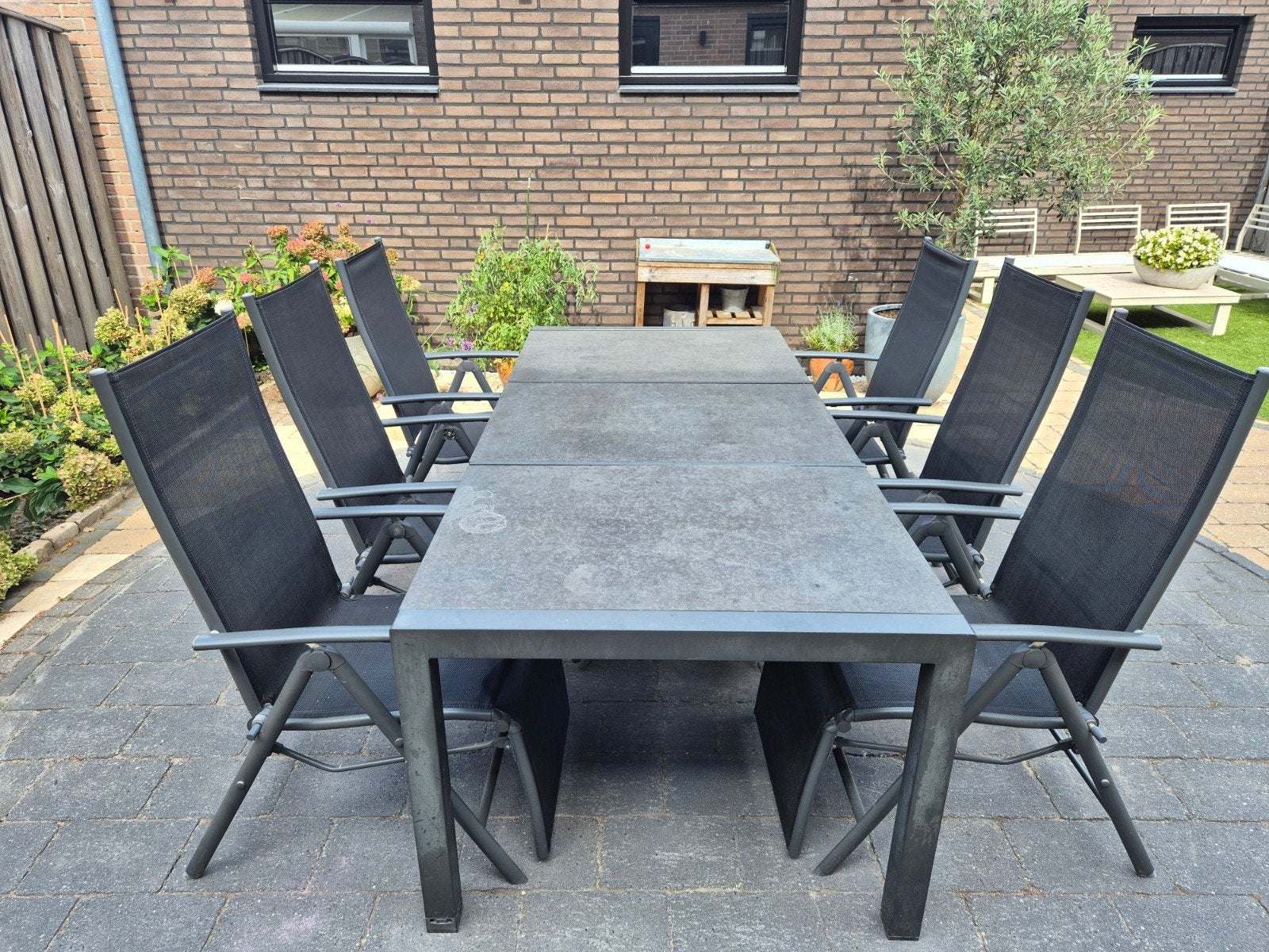 Tuintafel met 6 stoelen Graniet, Ophalen of Verzenden, Gebruikt, Rechthoekig, Metaal
