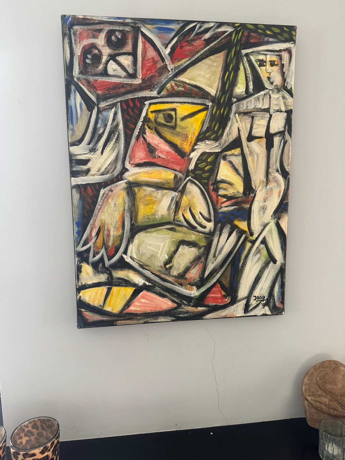 Abstract schilderij 'Joop '98' - 60x80 cm, Antiek en Kunst, Ophalen, Abstract, Textiel, Gesigneerd