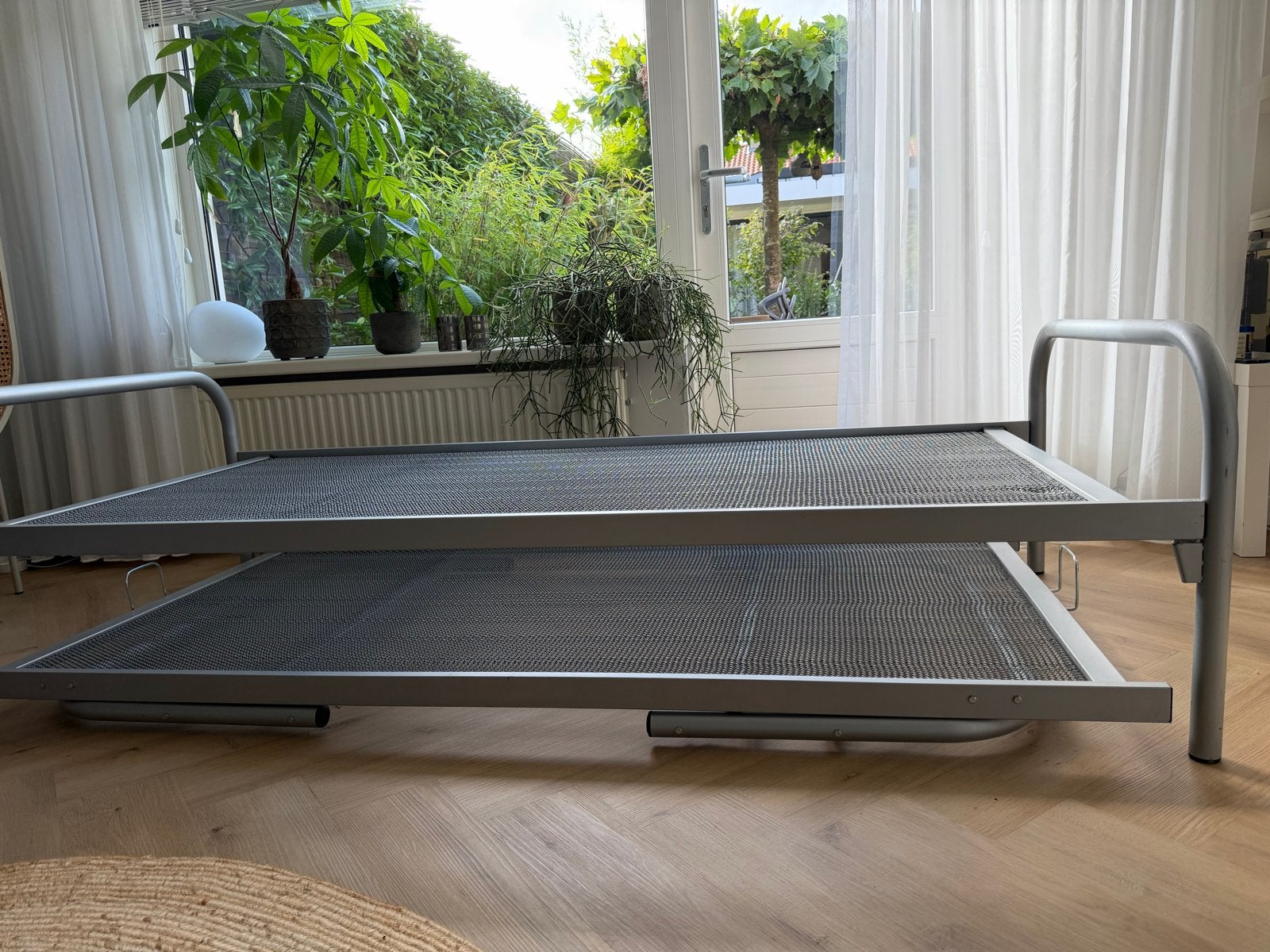 Dubbel Divan onderschuifbed met dwarsgespannen spiraalbodem, Ophalen, Gebruikt, 90 cm, Eenpersoons