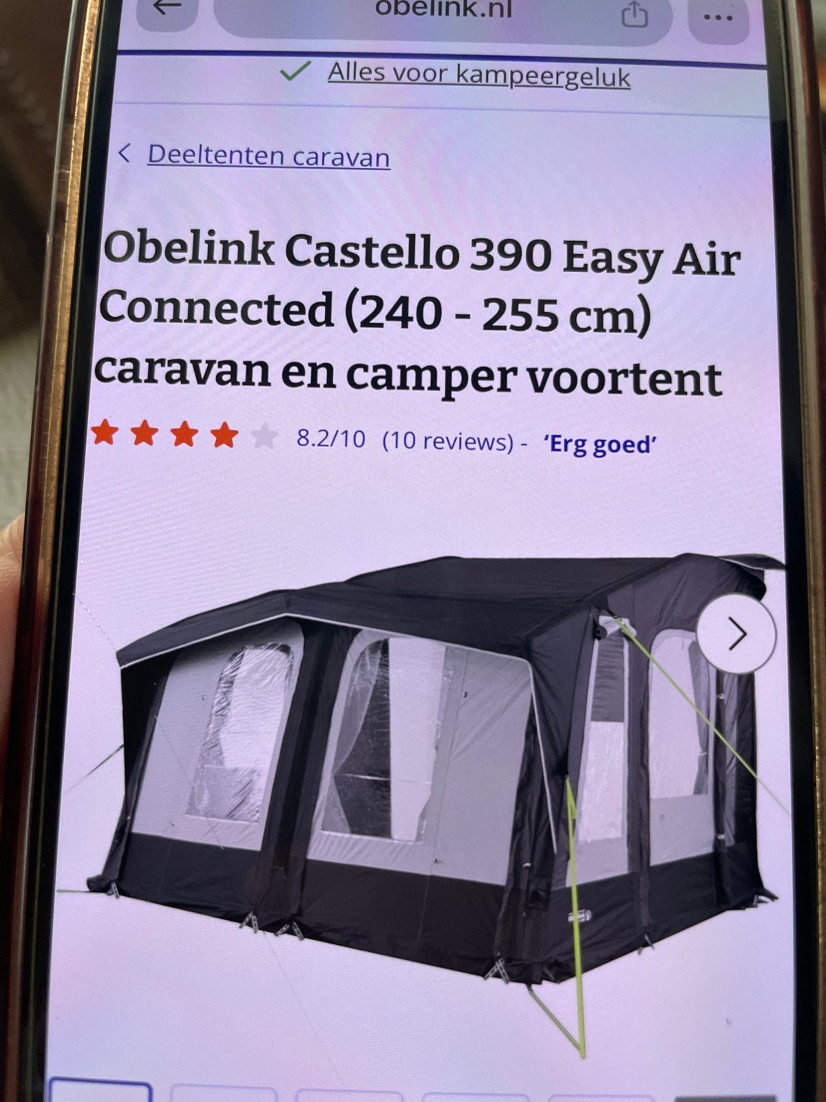 Obelink Castello 390 Easy Air Connected Voortent (240-255cm), Caravans en Kamperen, Ophalen, Zo goed als nieuw, Polyester, Overige merken