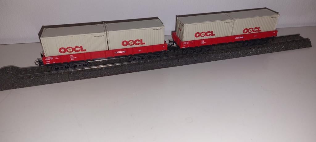 2 Märklin lange lageboord wagons Beladen met containers, Wisselstroom, Gebruikt, Wagon, Ophalen of Verzenden