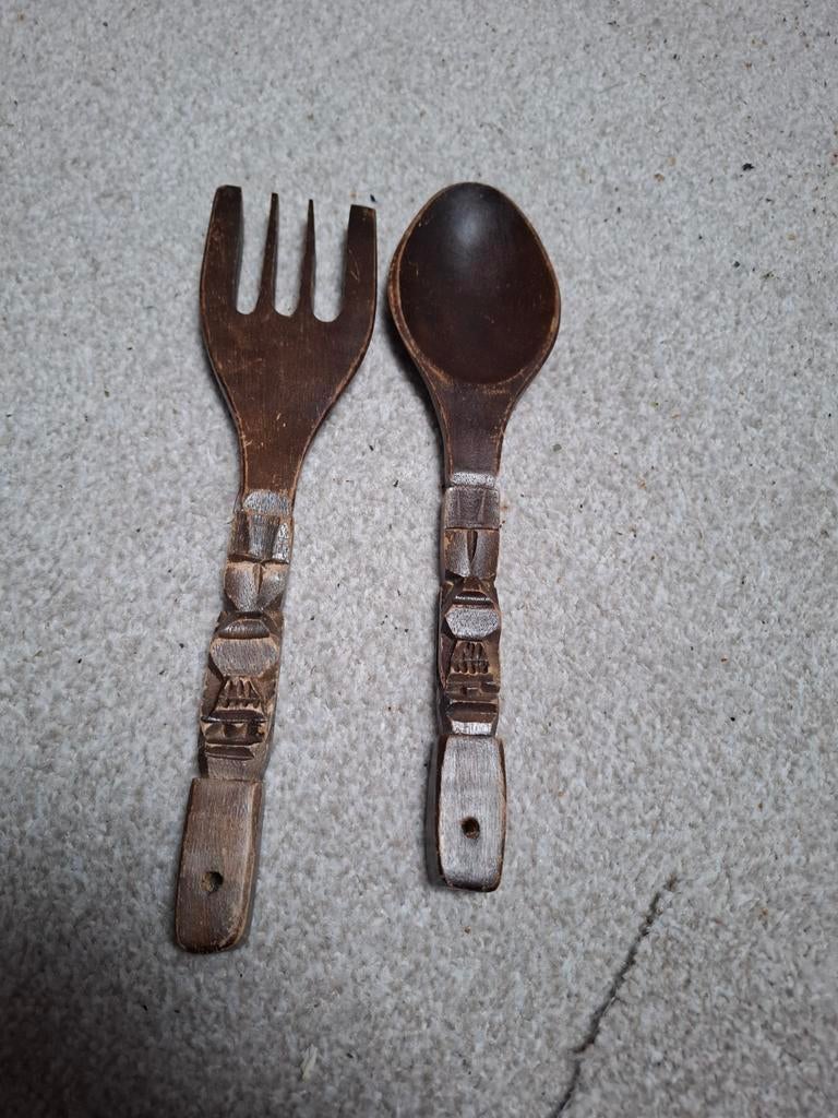 Houten Bestekset - Vork en Lepel met Carvings, Ophalen of Verzenden, Gebruikt, Hout, Bestekset