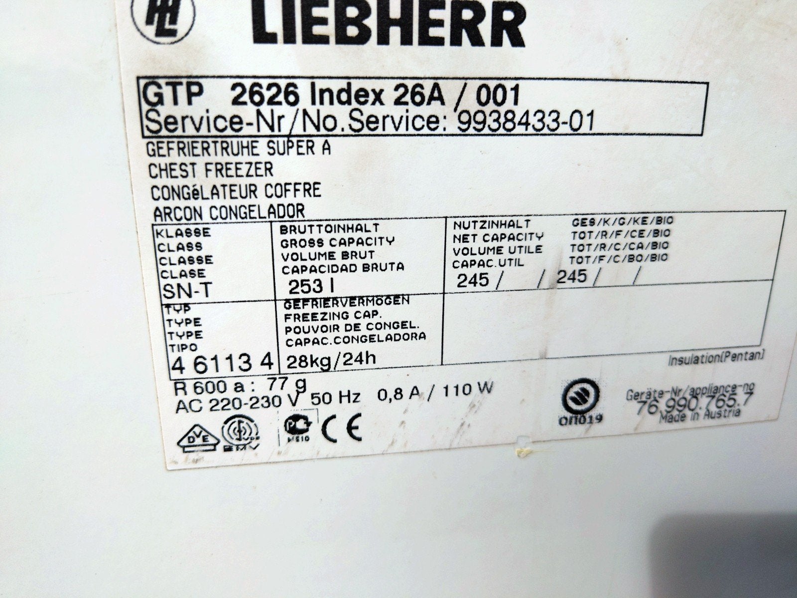 Liebherr 253L vriezer, Ophalen, Gebruikt