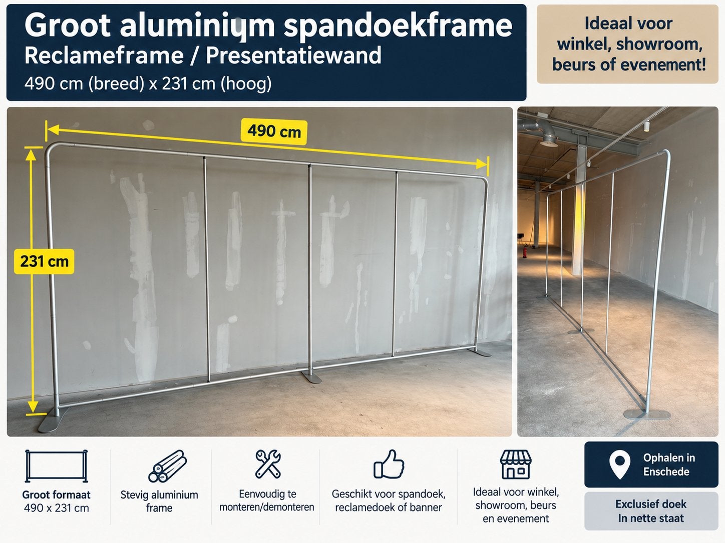 Groot aluminium spandoekframe / reclameframe 490 x 231 cm, Verzamelen, Ophalen, Gebruikt, Reclamebord