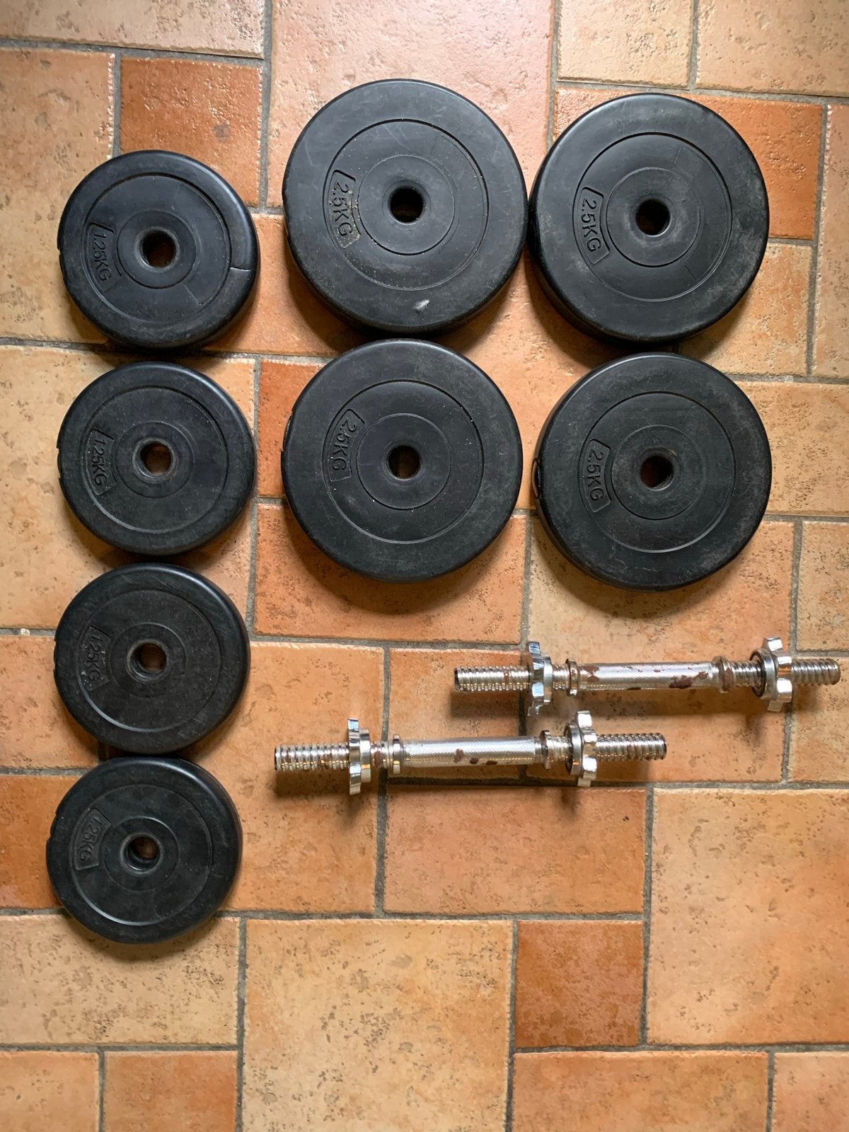 Dumbbell set met halterschijven - 4x 2.5kg en 4x 1.25kg, Ophalen, Gebruikt, Armen, Dumbbell