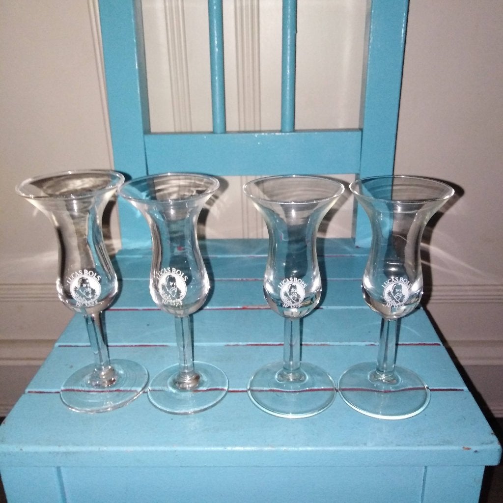 Lucas Bols jeneverglaasjes 4 stuks, Verzamelen, Glas en Borrelglaasjes, Ophalen, Gebruikt, Borrel- of Shotglas