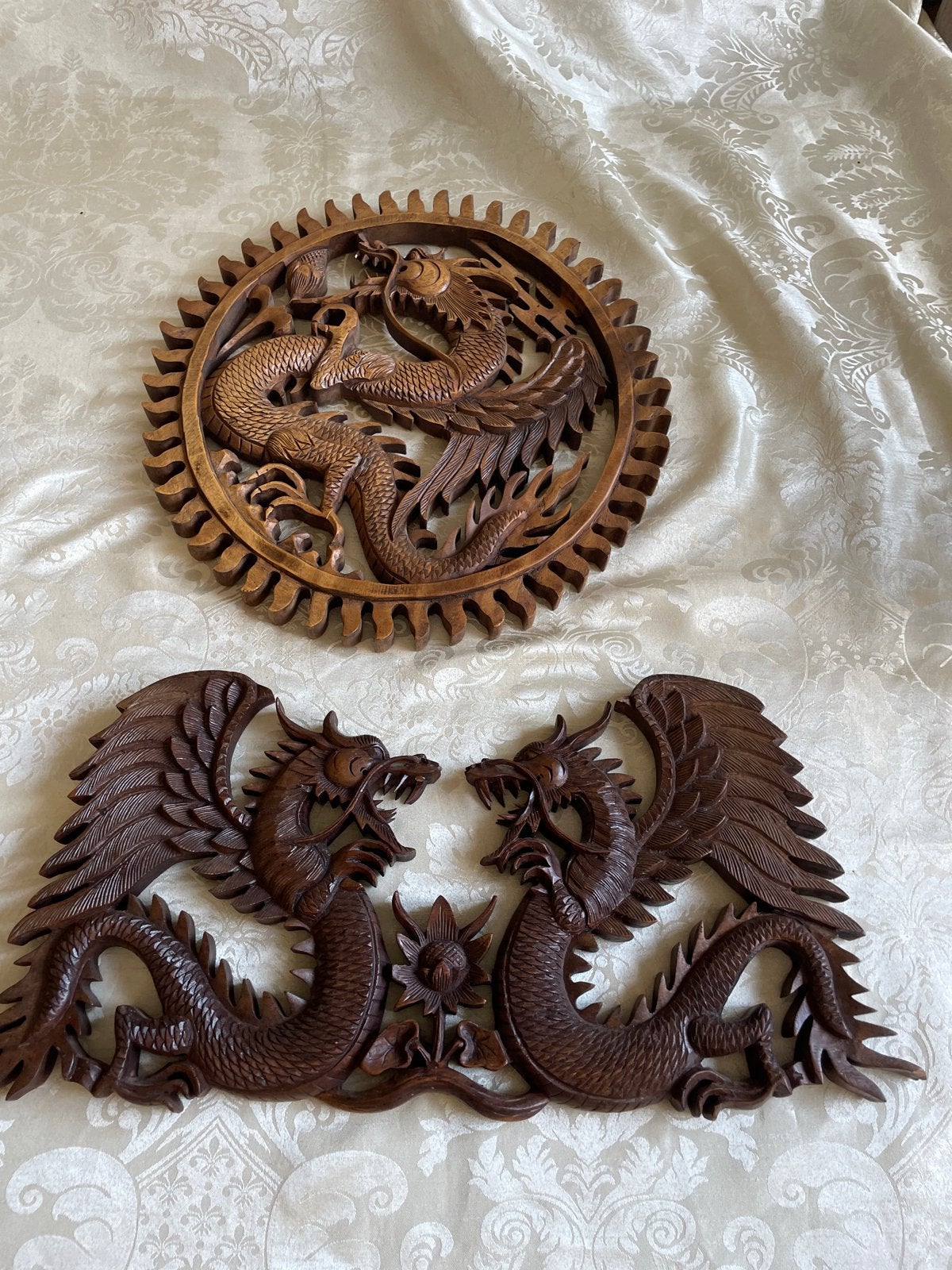 Houten Draken Wandpanelen - Handgesneden Set (36 & 48 cm), Antiek en Kunst, Overige onderwerpen, Ophalen of Verzenden, Handgemaakt