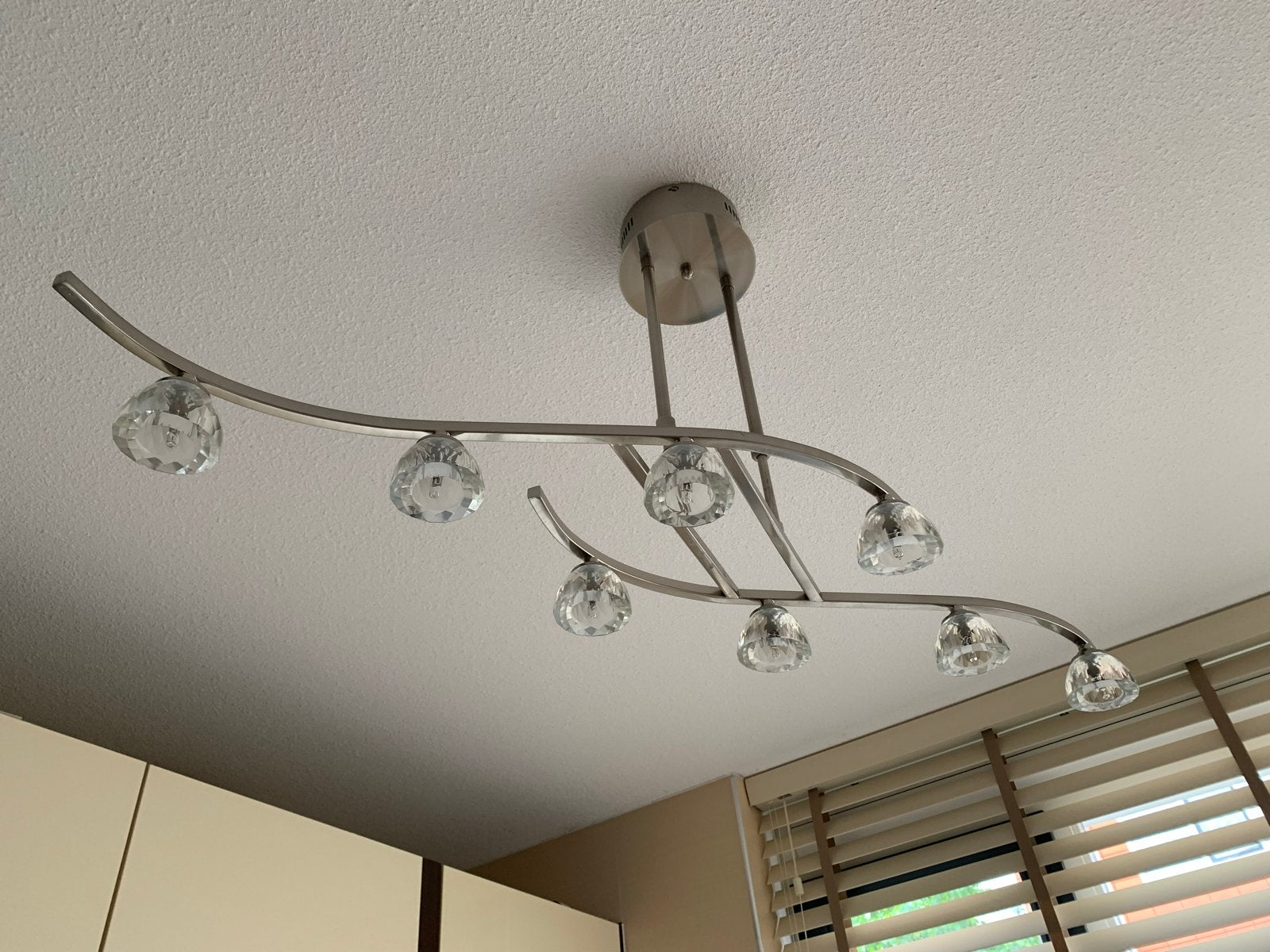 Moderne plafondlamp met 7 glazen bollen, Ophalen of Verzenden, Zo goed als nieuw, Glas