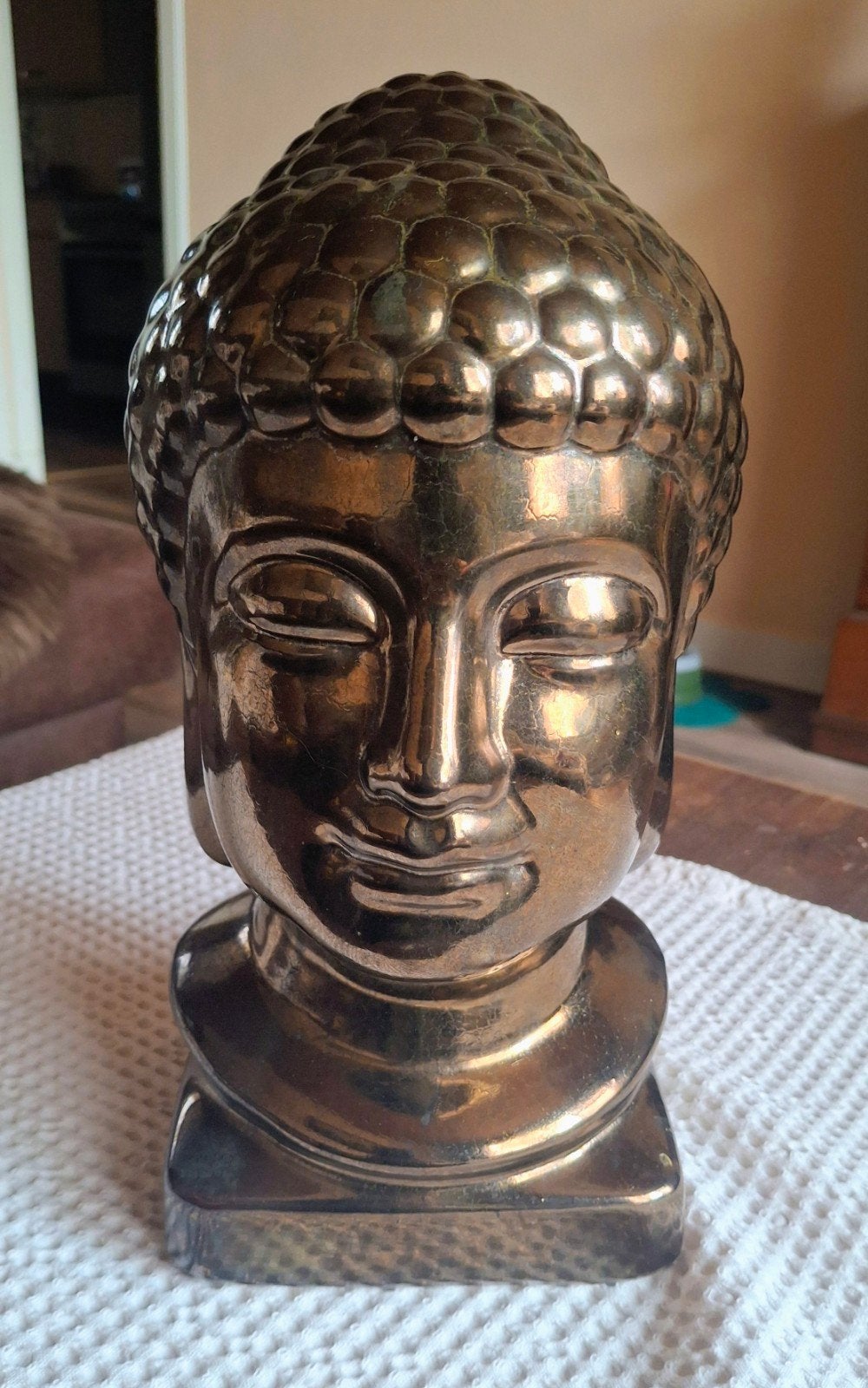 Mooi Bronzen Boeddha Hoofd - Decoratief Beeld, Ophalen, Gebruikt, 32 cm, Steen/keramiek