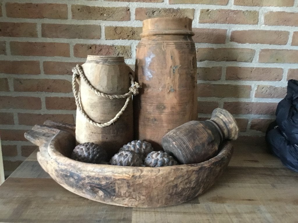 Grote oude houten nepalese vaas kruik stoer en sober, Gebruikt, Ophalen of Verzenden, 40 cm, Hout