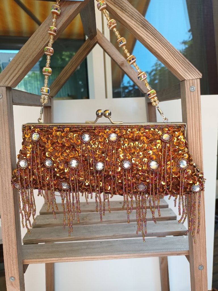Vintage kralentasje, Sieraden, Tassen en Uiterlijk, Ophalen of Verzenden, Nieuw, Bruin, Handtas
