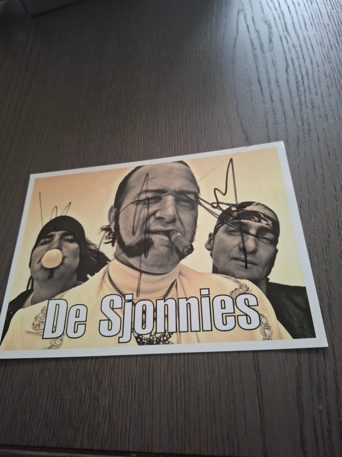 Fotokaart met handtekeningen van feestgroep De Sjonnies, Ophalen, Zo goed als nieuw, Foto of Kaart, Gesigneerd