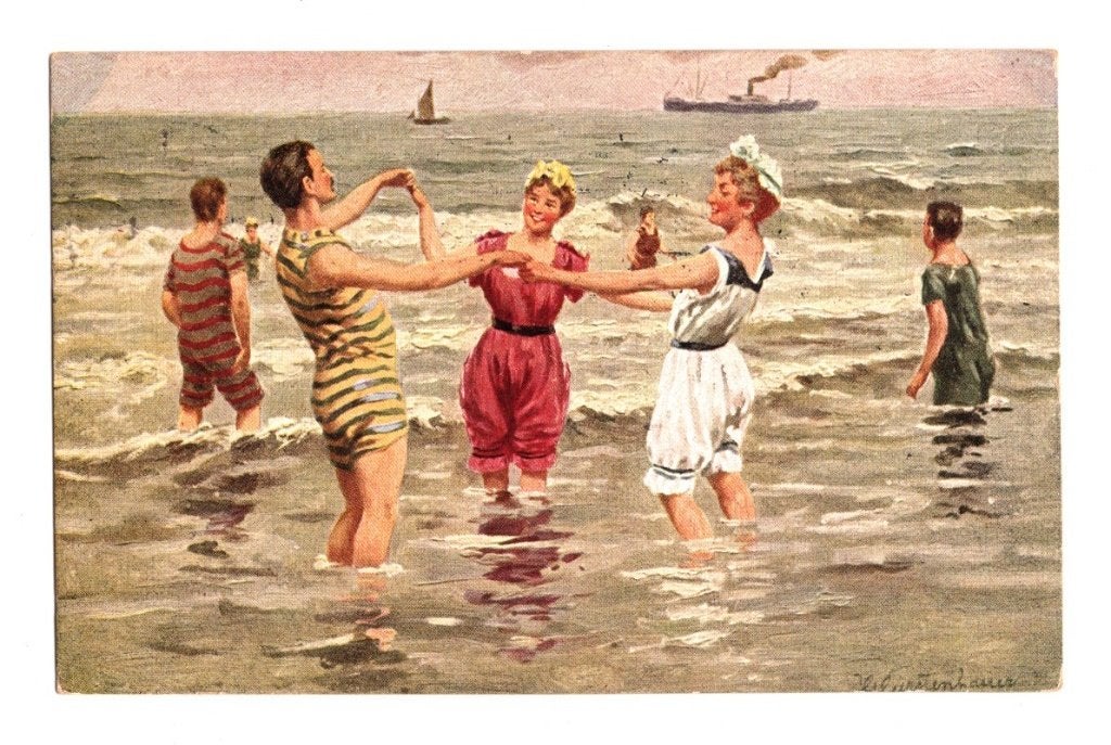 Antieke Ansichtkaart Badscene Strand Gelopen 1908, Ophalen of Verzenden, Voor 1920, Gelopen