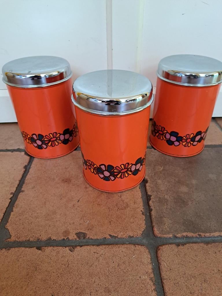 Vintage Oranje Keukenbussen Set - Bloemenprint, Antiek en Kunst, Ophalen of Verzenden