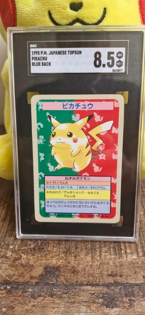 Pikachu 1995 Japanese Topsun No Number Blue Back SGC 8.5, Ophalen of Verzenden, Zo goed als nieuw, Losse kaart